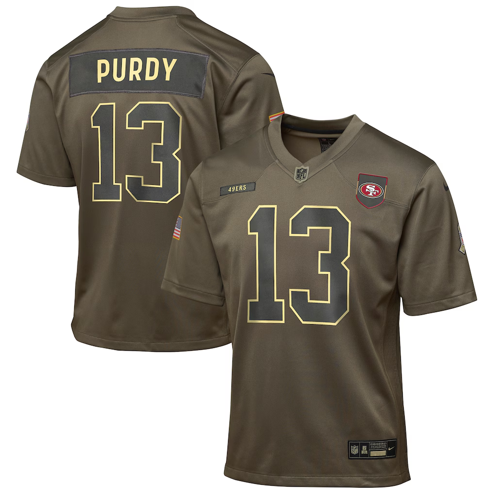 Youth San Francisco 49ers Brock Purdy Olive 2025 Salute to Service Game Jersey