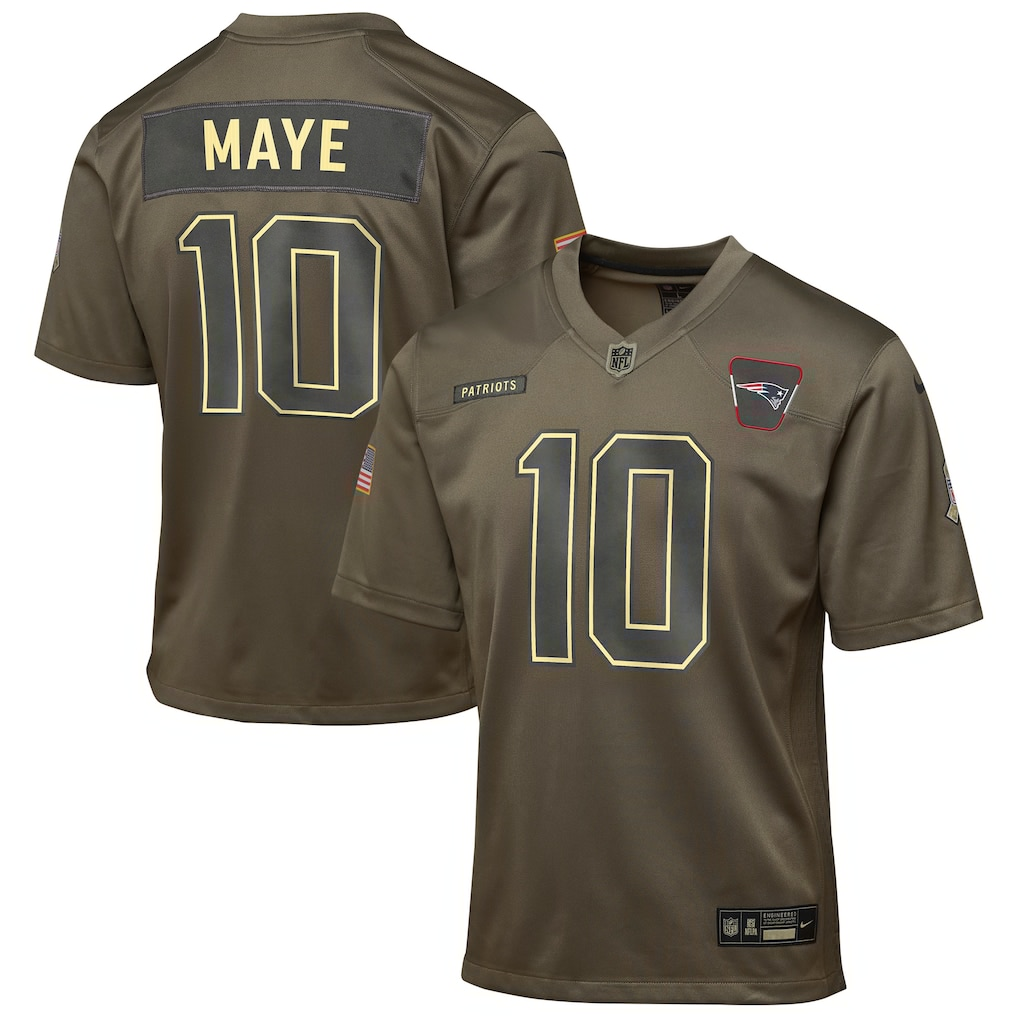 Youth New England Patriots Drake Maye Olive 2025 Salute to Service Game Jersey