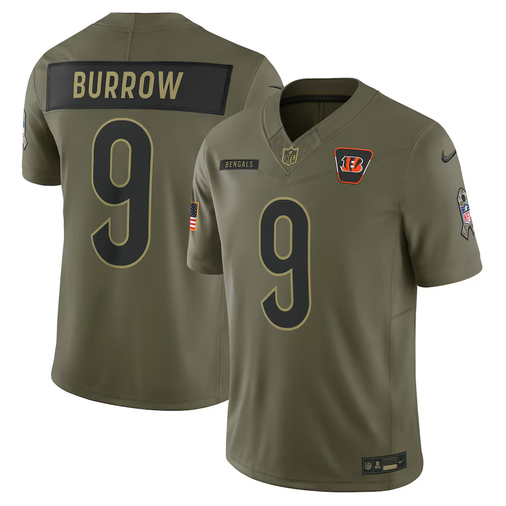 Men's Cincinnati Bengals Joe Burrow Olive 2025 Salute to Service Limited Jersey