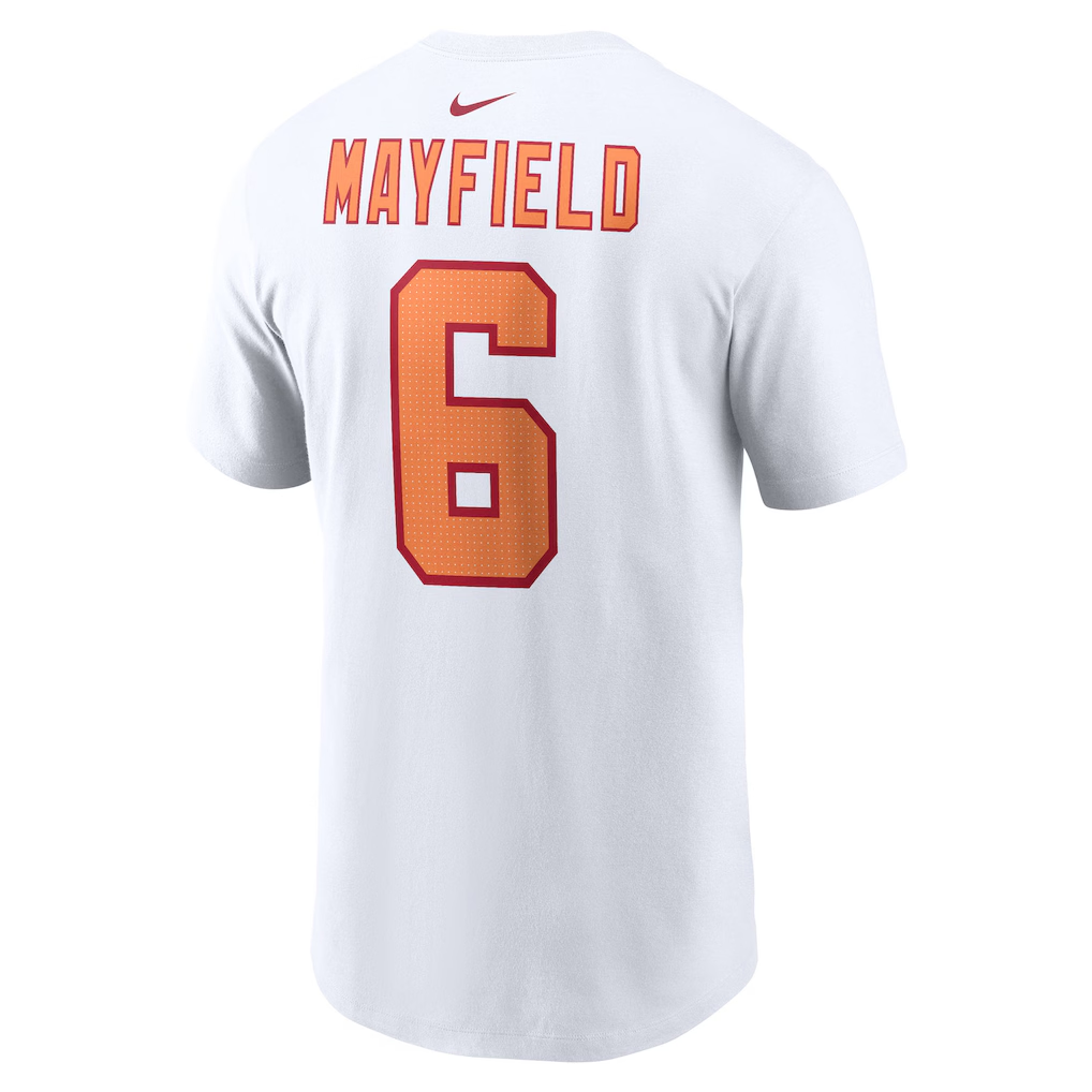 Men's '76 Tampa Bay Buccaneers Baker Mayfield White 50th Season Name & Number T-Shirt