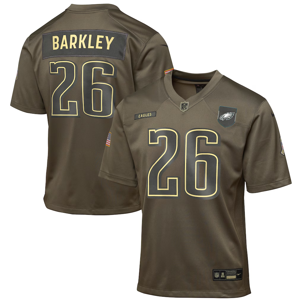 Youth Philadelphia Eagles Saquon Barkley Olive 2025 Salute to Service Game Jersey