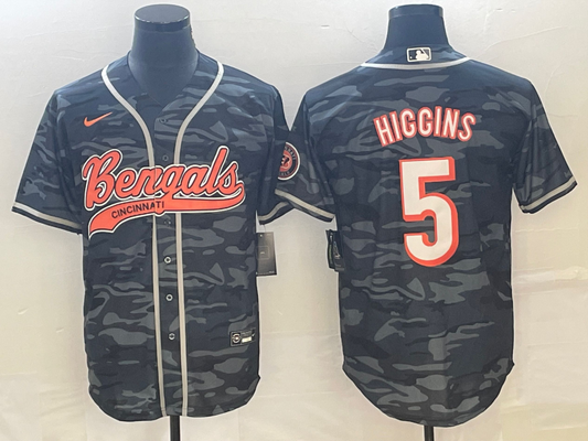 Men's Cincinnati Bengals Tee Higgins Grey Camouflage Fashion Game Jersey