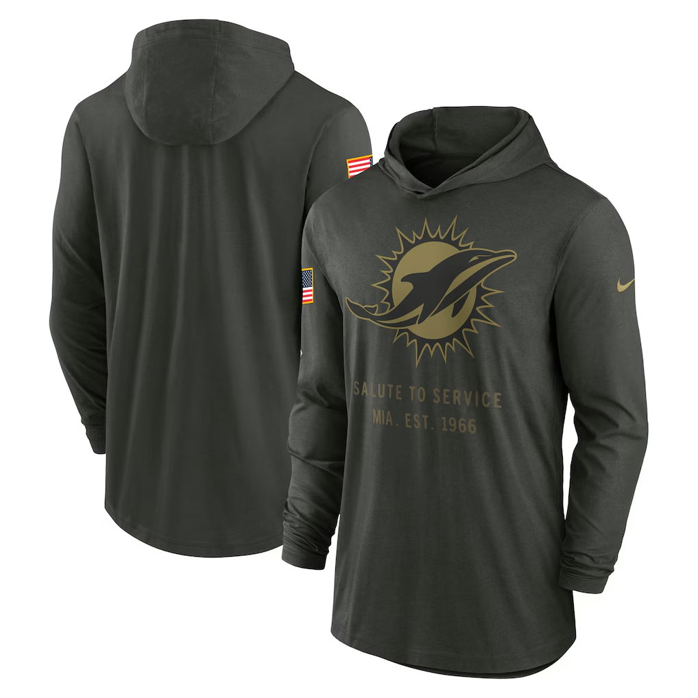 Men's Miami Dolphins  Forest Green 2025 Salute to Service Sideline Dri-FIT Lightweight Hooded Pullover