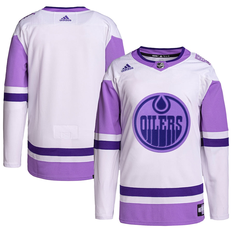 Custom Edmonton Oilers   Hockey Fights Cancer Primegreen  Blank Practice Jersey - White/Purple