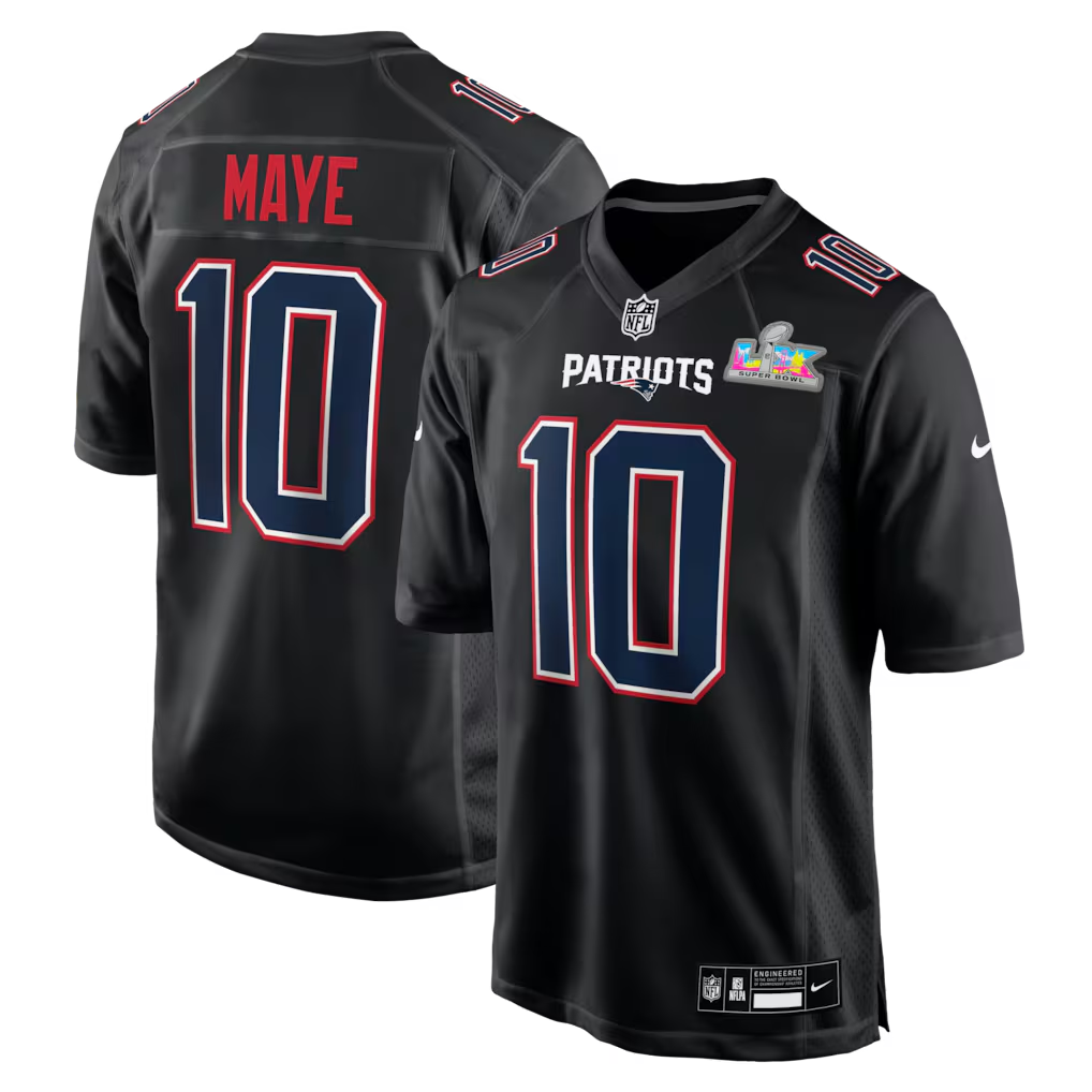 Men's New England Patriots Drake Maye  Black Super Bowl LX Patch Carbon Fashion Game Jersey