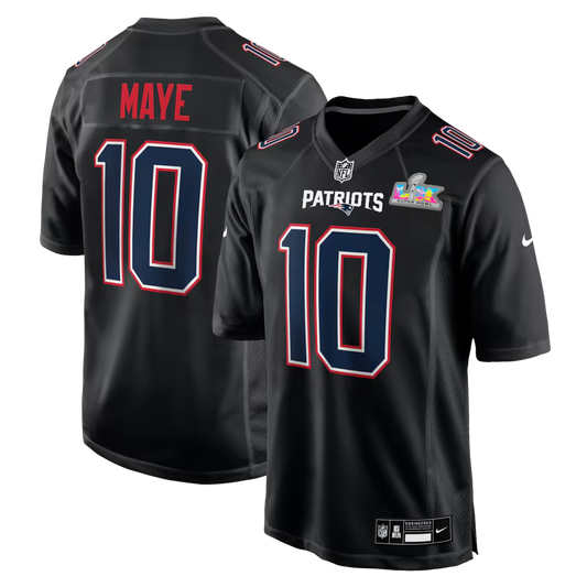 Men's New England Patriots Drake Maye  Black Super Bowl LX Patch Carbon Fashion Game Jersey