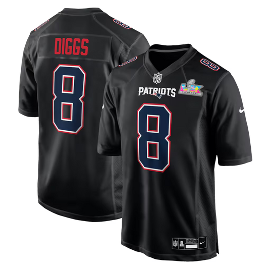 Men's New England Patriots Stefon Diggs  Black Super Bowl LX Patch Carbon Fashion Game Jersey
