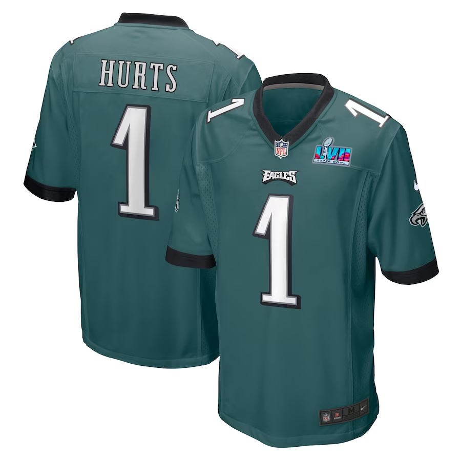 Men's Philadelphia Eagles Jalen Hurts Midnight Green Super Bowl LVII Patch Game Jersey