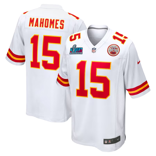 Men's Kansas City Chiefs Patrick Mahomes White Super Bowl LVII Patch Away Game Jersey