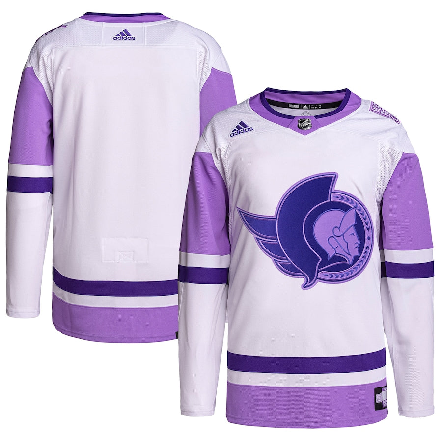 Custom Ottawa Senators   Hockey Fights Cancer Primegreen   Blank Practice Jersey - White/Purple