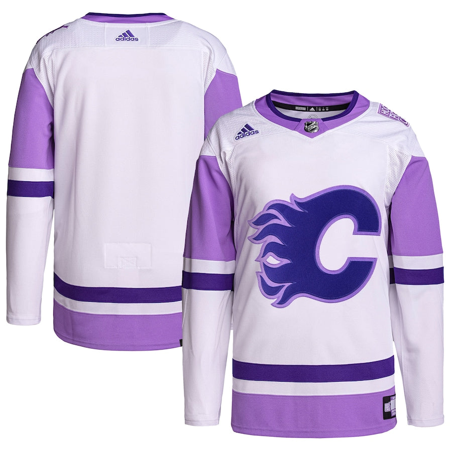 Custom Calgary Flames   Hockey Fights Cancer Primegreen  Blank Practice Jersey - White/Purple