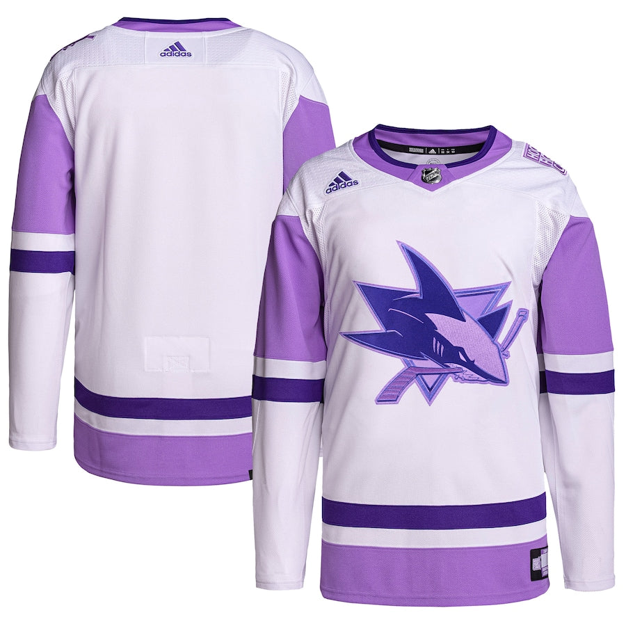 Men's San Jose Sharks  White/Purple Hockey Fights Cancer Primegreen Authentic Blank Practice Jersey