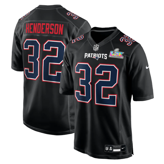 Men's New England Patriots TreVeyon Henderson Black Super Bowl LX Patch Carbon Fashion Game Jersey