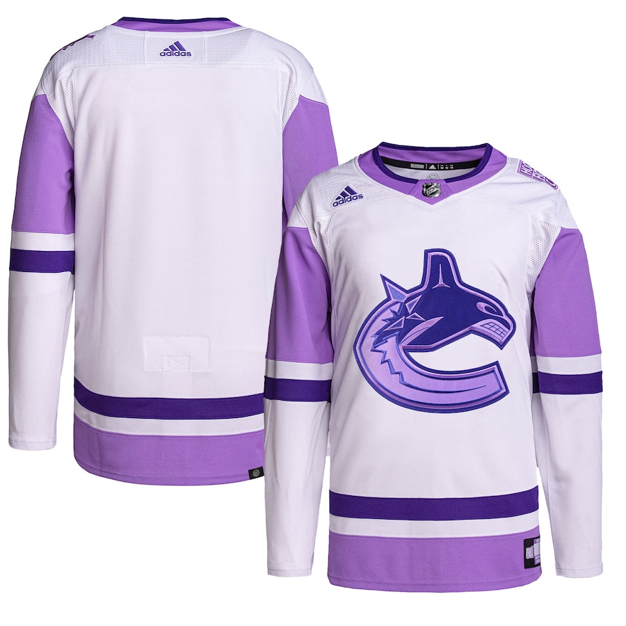 Men's Vancouver Canucks  White/Purple Hockey Fights Cancer Primegreen Authentic Blank Practice Jersey