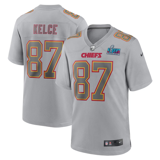 Men's Kansas City Chiefs Travis Kelce Gray Super Bowl LVII Patch Atmosphere Fashion Game Jersey