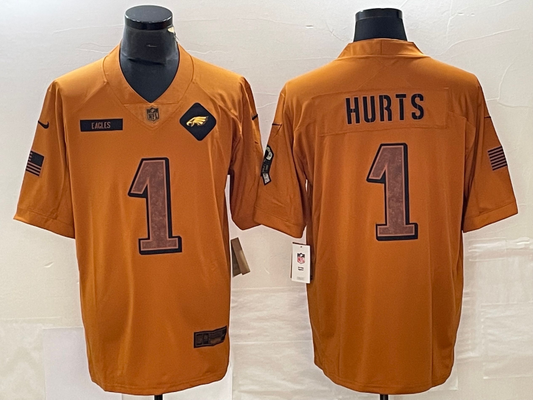 Men's Philadelphia Eagles Jalen Hurts Brown 2023 Salute To Service Limited Jersey