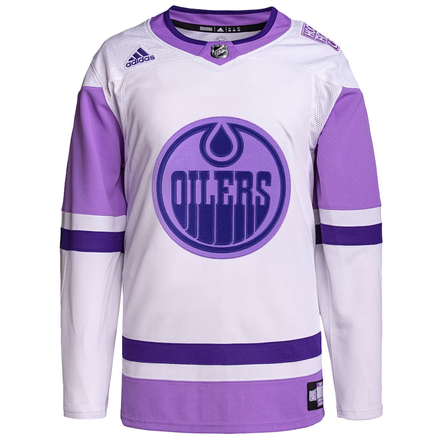 Custom Edmonton Oilers   Hockey Fights Cancer Primegreen  Blank Practice Jersey - White/Purple
