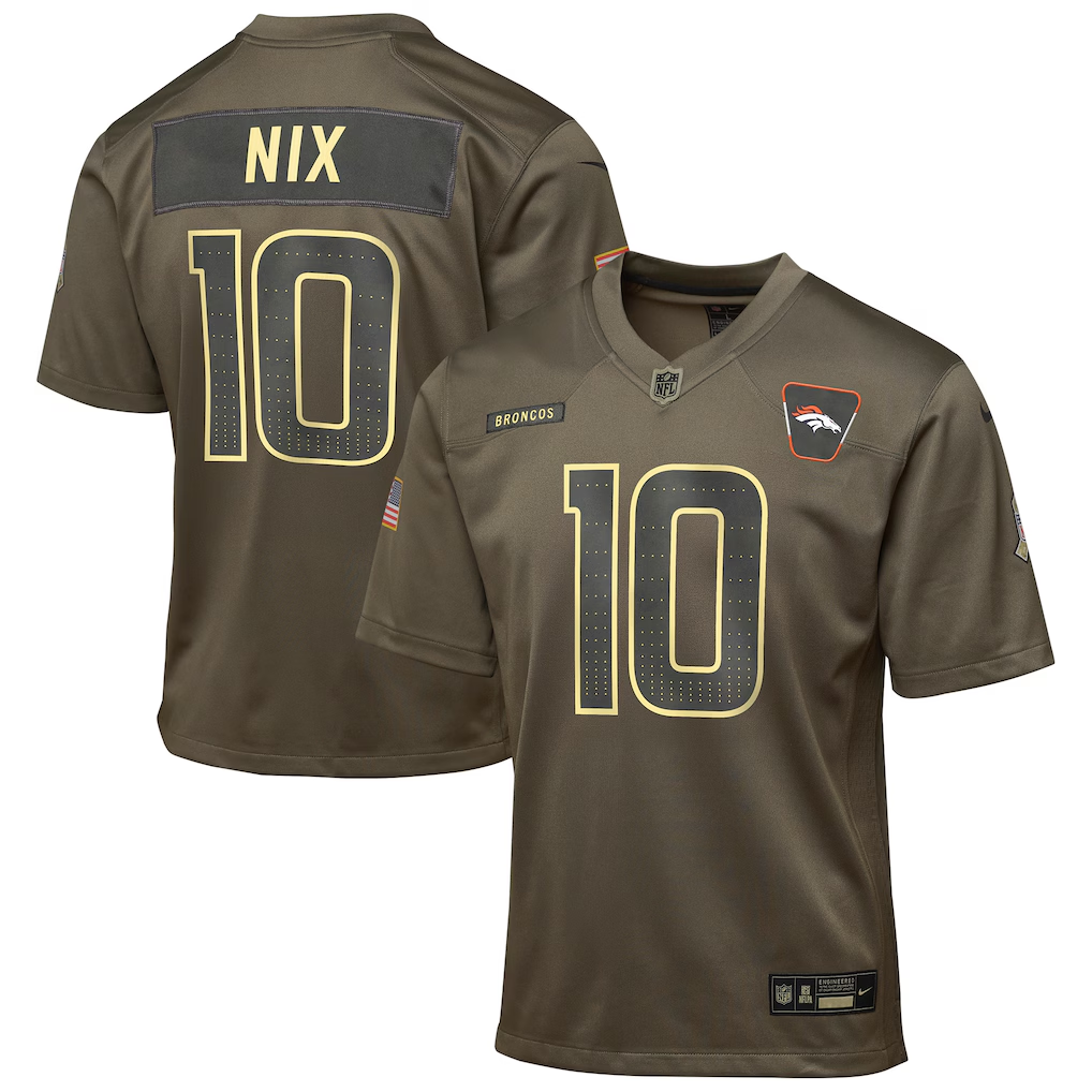 Youth Denver Broncos Bo Nix  Olive 2025 Salute to Service Game Jersey