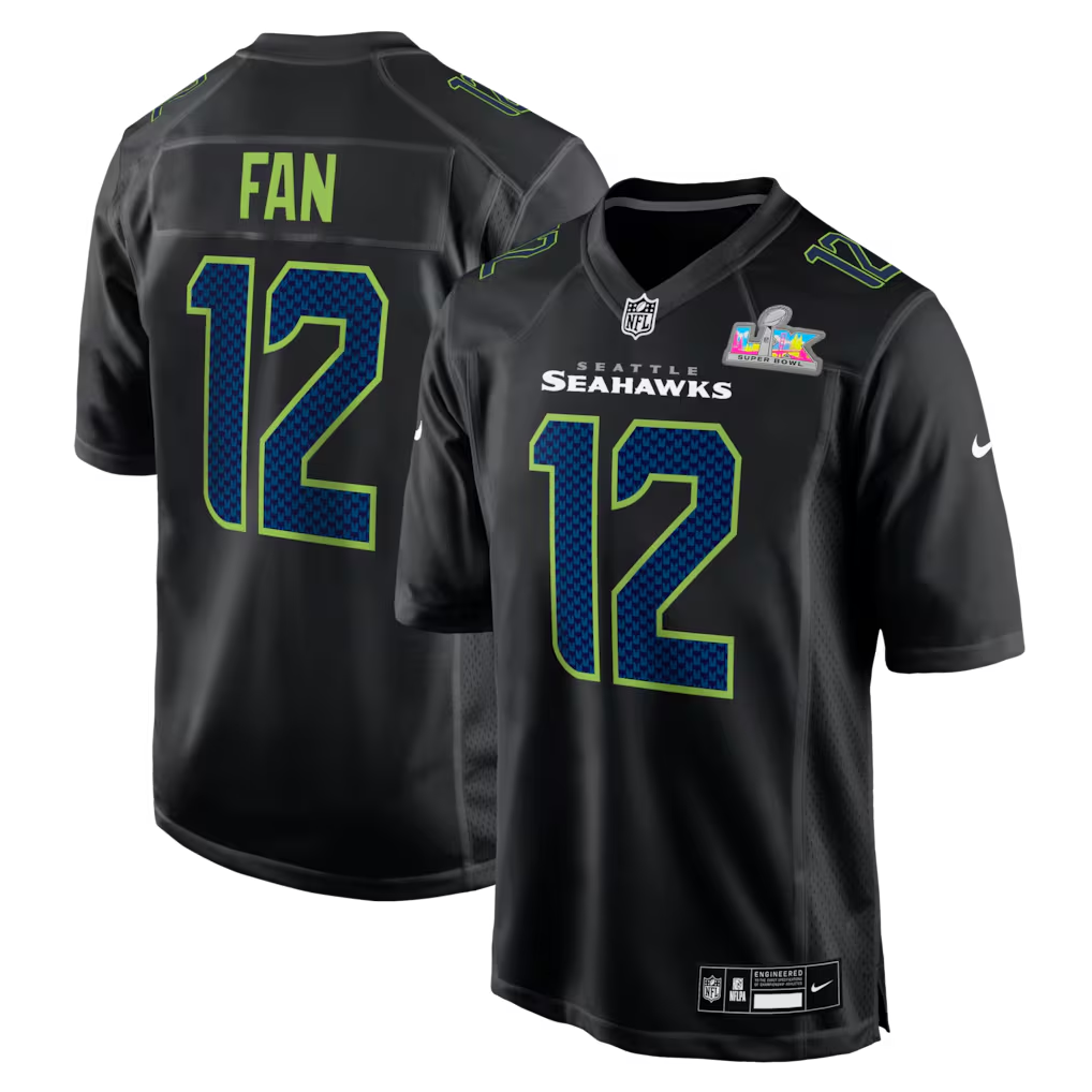 Men's Seattle Seahawks 12s  Black Super Bowl LX Patch Carbon Fashion Game Jersey