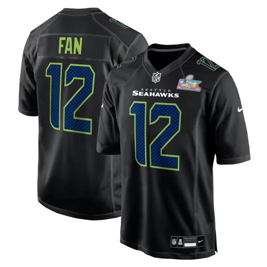 Men's Seattle Seahawks 12s  Black Super Bowl LX Patch Carbon Fashion Game Jersey