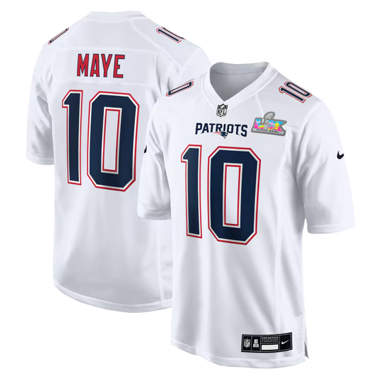 Men's New England Patriots Drake Maye White Super Bowl LX Patch Tundra Fashion Game Jersey