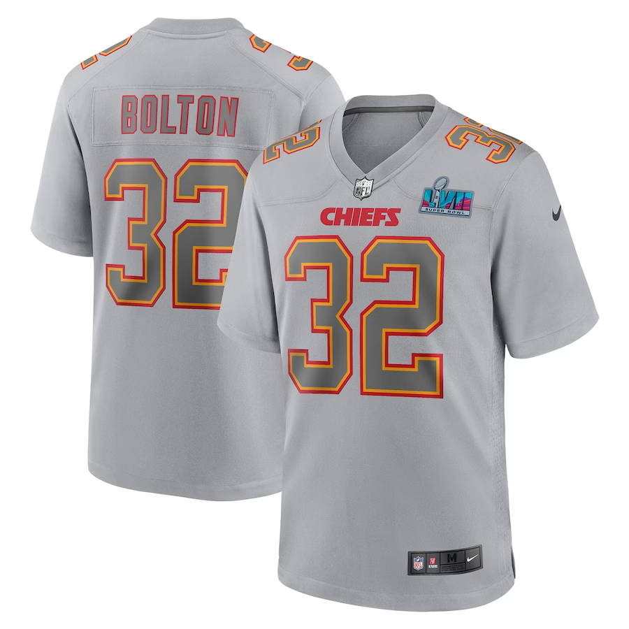 Men's Kansas City Chiefs Bolton  Gray Super Bowl LVII Patch Atmosphere Fashion Game Jersey