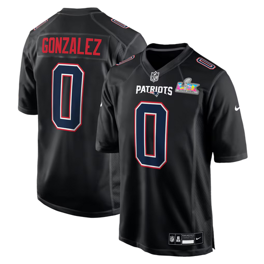 Men's New England Patriots Christian Gonzalez Black Super Bowl LX Patch Carbon Fashion Game Jersey