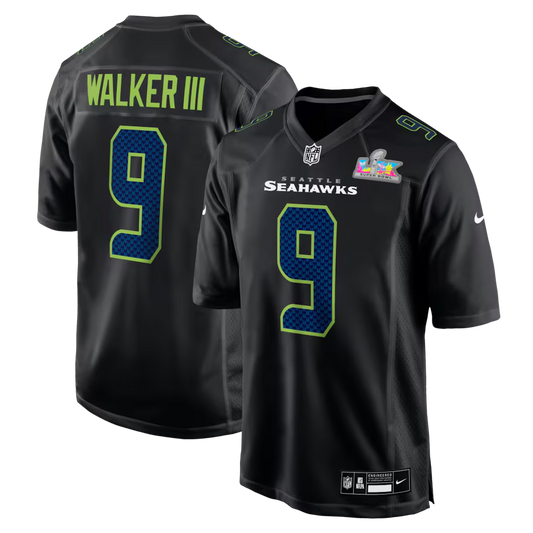 Men's Seattle Seahawks Kenneth Walker III Black Super Bowl LX Patch Carbon Fashion Game Jersey