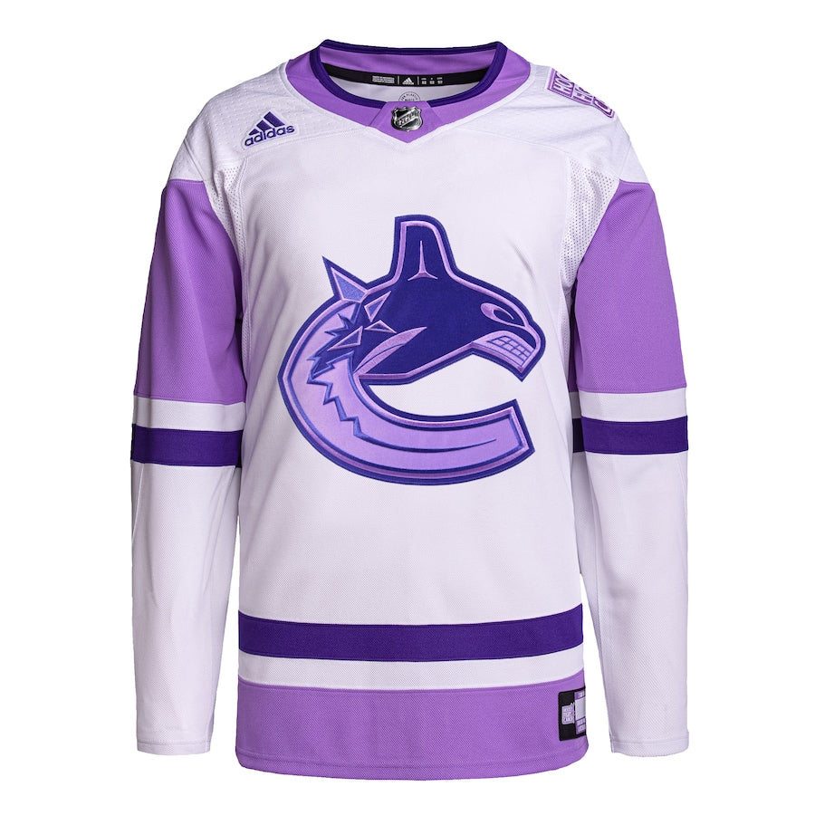 Men's Vancouver Canucks  White/Purple Hockey Fights Cancer Primegreen Authentic Blank Practice Jersey