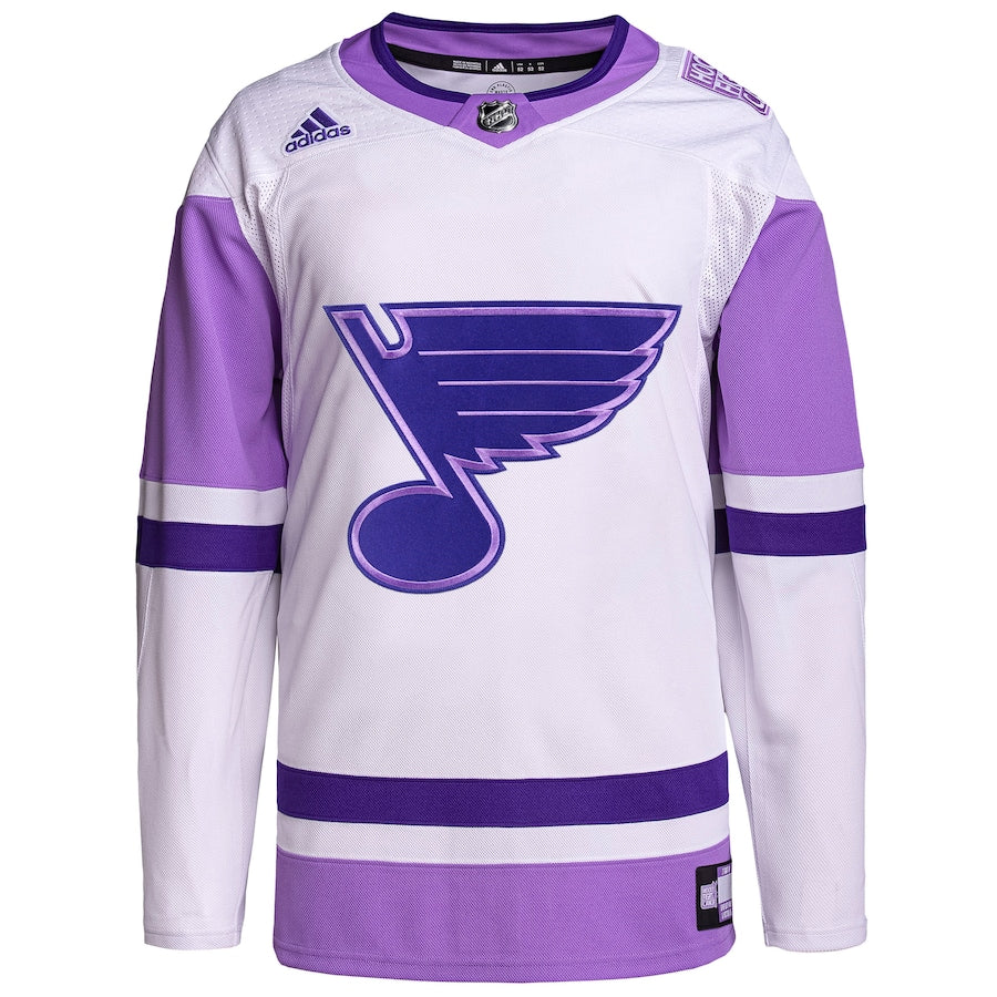 Men's St. Louis Blues  White/Purple Hockey Fights Cancer Primegreen Authentic Blank Practice Jersey