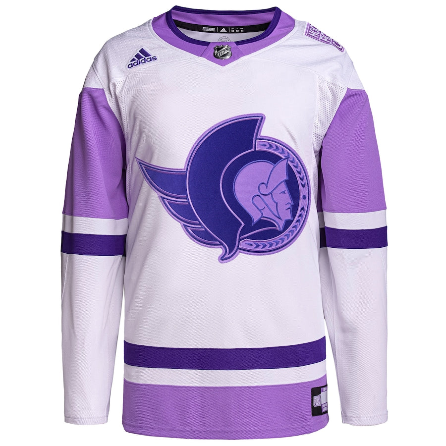 Custom Ottawa Senators   Hockey Fights Cancer Primegreen   Blank Practice Jersey - White/Purple